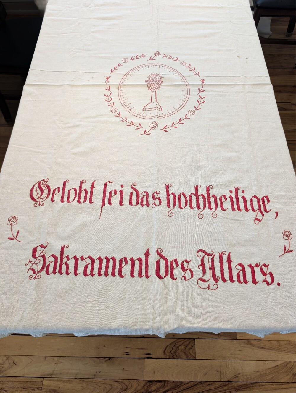 VINTAGE Christian Linen Alter Cloth Tan Red Gothic Script 50x70